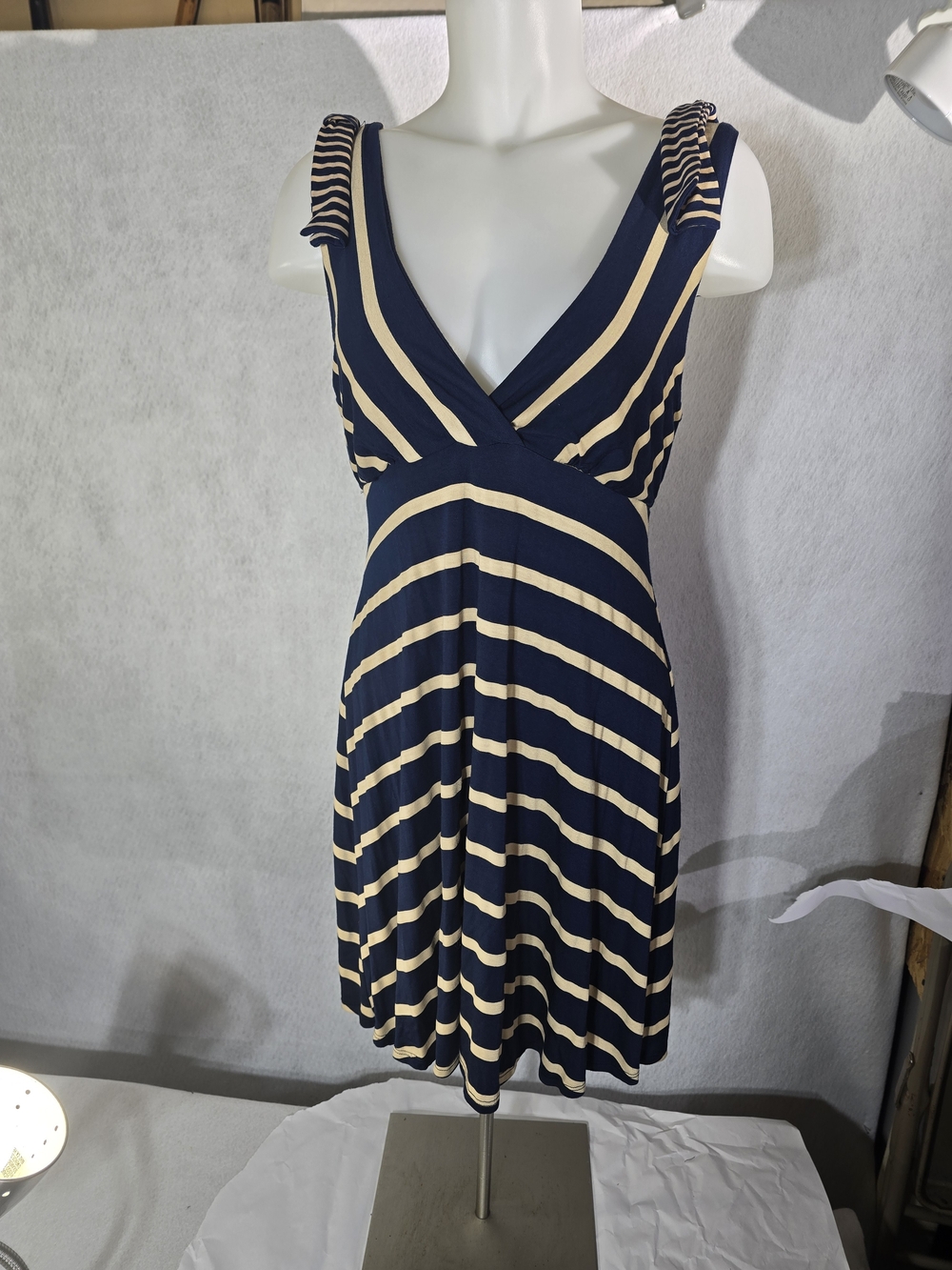 Striped V-Neck Midi Dress in Navy and Cream Size M